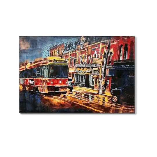 Color Building with Bus Hand-painting Wall Art - Multi-Color