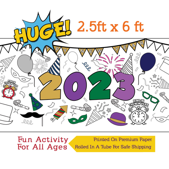 Happy New Year Coloring Banner, Poster, Paper Tablecloth, Activity - 30" X 72" Inches