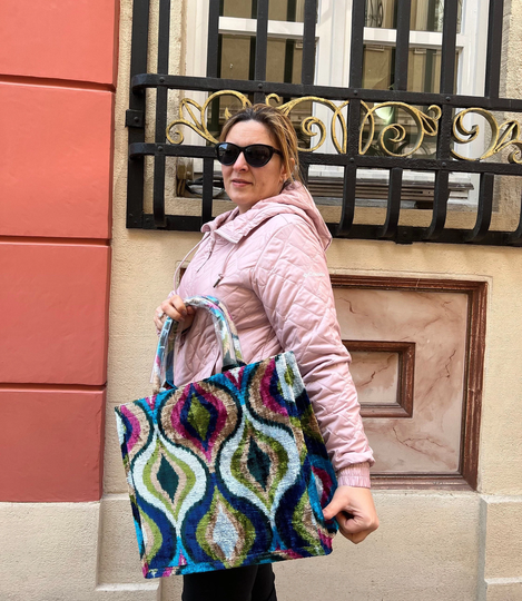 Multi Color Big Curve Velvet Ikat Jute Tote - Blue Largest Book Bag From Handwoven Silk Fabric