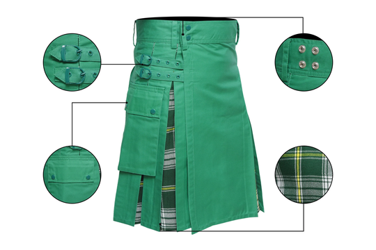 Scottish Men's St. Patrick Tartan Hybrid Utility Cargo Pockets Kilt, Highland Kilt For Men, Traditional Gift, Modern
