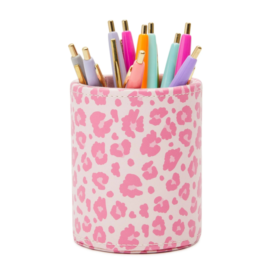 Pink Pencil Holder, Faux Leather Pen Cup for Leopard Print Office Supplies