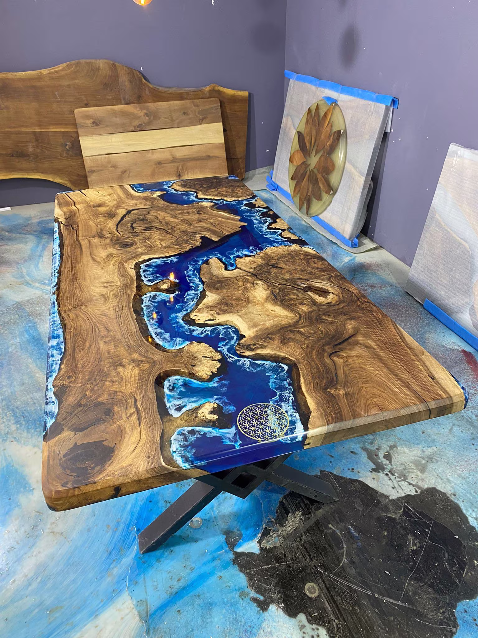 Handmade Epoxy Dining Table, Custom 86" X 42" Walnut Blue, Turquoise, Green Aquarium For Mari
