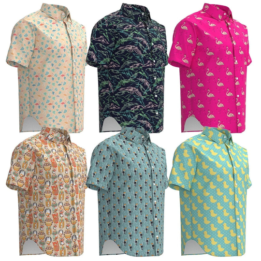 Flying Birds Flamingo Owl Parrot Rubber Duck Bird Animal Print Pattern Nature Short Sleeve Collar Button Shirt