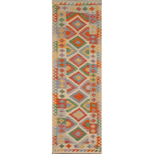 Colorful Southwestern Kilim Runner Rug Flat-weave Oriental Wool Carpet - 2'8"x 9'10"