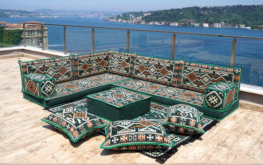 Emerald Green Traditional Floor Seating, Sectional Sofa, L Shaped Arabic Majlis, Moroccan Home Decor, Ethnic Couch, Bench Cushion