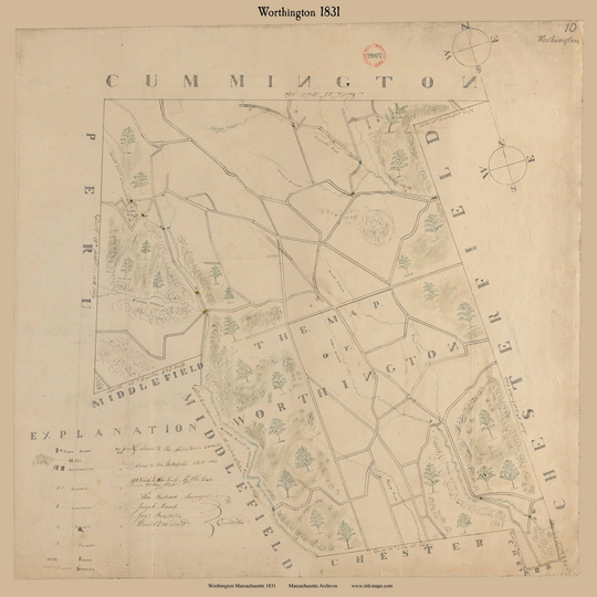 Worthington 1831 Town Plan - Old Roads Reprint Restored Massachusetts Archives Ma