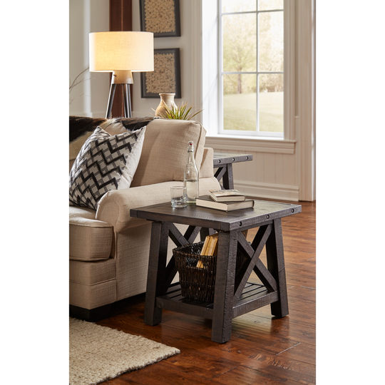 Pine Wood End Table with Exposed Hardware, Brown - 24 H x 25 W x 20 L Inches