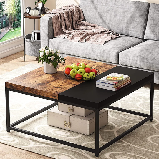 Large Coffee Table, Square Cocktail Table for Living Room-Rustic Brown - 40"W × 40"D × 20"H