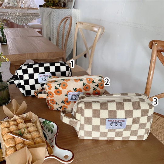 Simple Practical Checkerboard Makeup Bag, Vintage Cosmetic Organizer, Bruch Holder, Toiletry Pencil Case, Velvet Zipper Pouch