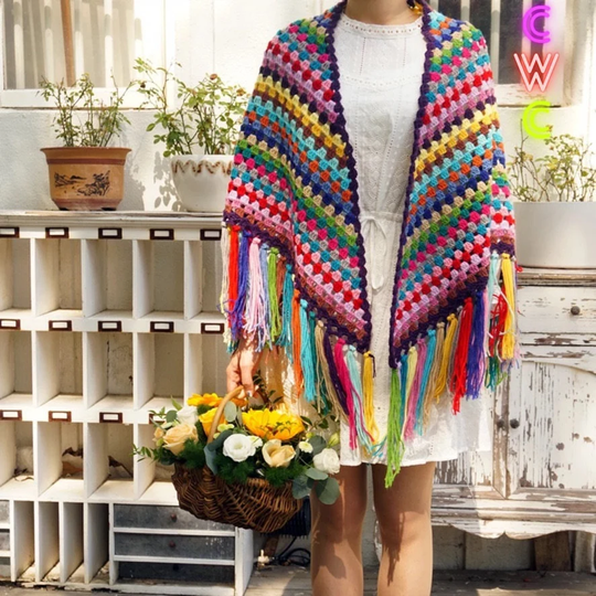 Handmade Chromatic Color Shawl Rainbow Shawl, Wrap, Poncho, With Tassels | Knit Crochet Colorful