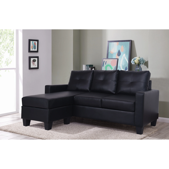 Titanic Furniture Ziva Sofa/Chaise in Black Faux Leather with Fluffy Back Pillows - 34" H x 79" W x 55" D