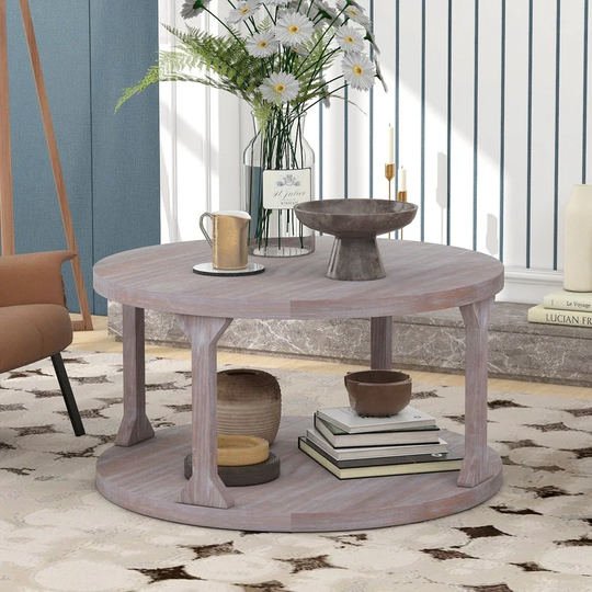 Round Rustic Coffee Table Sofa Table End Table for Living Room with Dusty Wax Coating