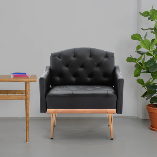 Tufted Single Sofa Armchair Modern PU Leather Accent Chair with Gold Metal Legs Upholstered Reading Chair for Living Room