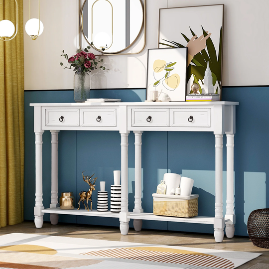 Rectangular Console Table Sofa Table with Storage&Drawer&Shelf, White