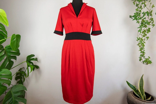 Vintage Red & Black Short Sleeve Collared Midi Pencil Dress