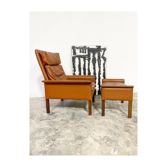 Hans Olsen Danish Modern Leather Rosewood Chair & Ottoman