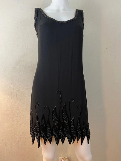 Vintage Mini Sculpting Black Pencil Dress/Silk Chiffon Embroidery Sequence Cocktail Dress/Day Christmas New Year Opera Gala Dress/Size-10