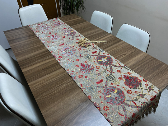Khaki Tulip Design Turkish Table Runner, Boho Runner For Wedding, Ottoman Home Decor, Farmhouse Decoration, Rnr498