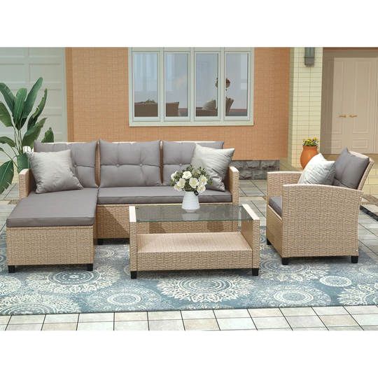 Outdoor Patio Furniture Sets, 4 Piece Conversation Set Wicker Ratten Sectional Sofa with Seat Cushions, Lounge Couch for Garden