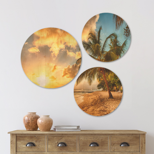Designart 'Gorgeous Beach of Island Barbados' Modern Seascape Wood Wall Art Set of 3 Circles - Multi-Color