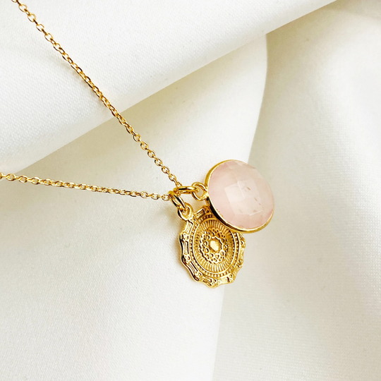 Rose Quartz Necklace, Genuine Quartz Gemstone With Coin Pendant, Gold Plated