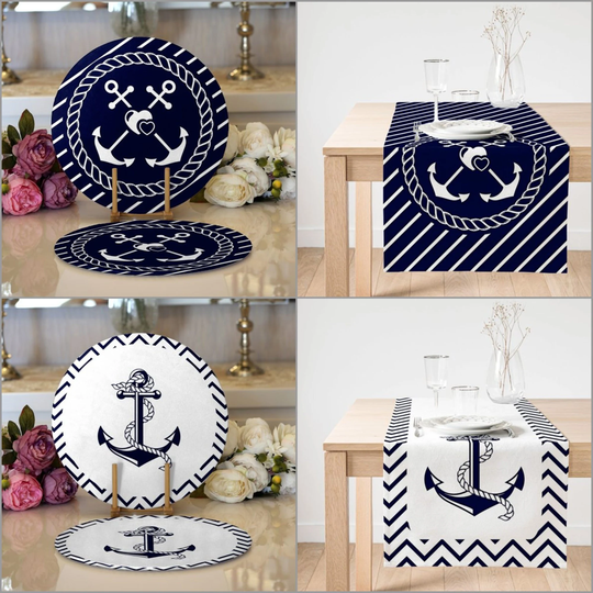 Nautical Placemat & Table Runner|Beach House Top|Set Of 2 Coastal Supla Mat|Round American Service Dining Underplate & Coaster