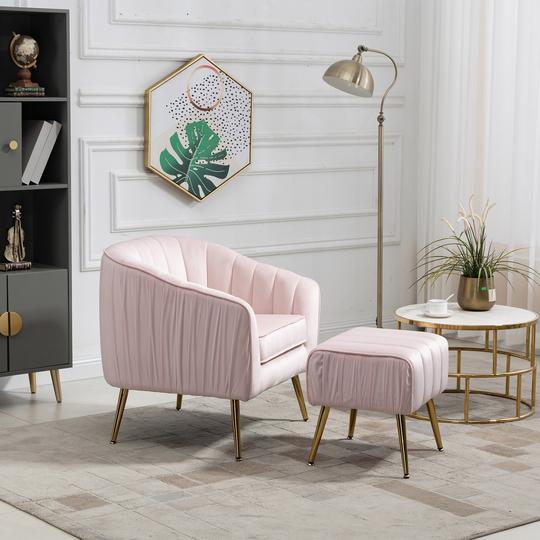 Barrel Chair Velvet Accent Chair Scallop Edge & Barrel Back Design Arm Pub Chair with Ottoman Set