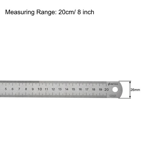 Straight Ruler 20cm 8 Inch Stainless Steel Measuring Tool with Hanging Hole - 150mm 6 Inch