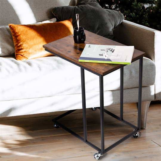C Shaped Rustic Brown End Table Vintage Sofa Table with Wheel and Metal Frame Bedside Table for Living Room,Small Spaces