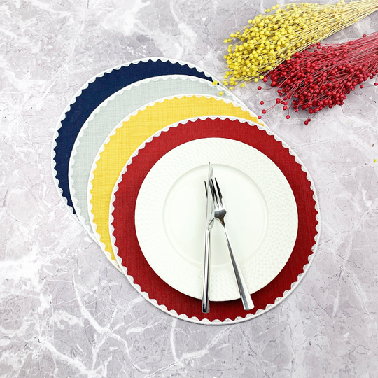 Colorful Linen Round Placemats, Embroidered Table Mats With Colorful White Wavy Scalloped Edge For Dinner Table, Home Decor, Christmas Gift