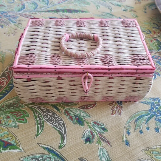 Vintage Mid Century Modern Dritz Sewing Basket Made Japan Pink Woven Sectioned