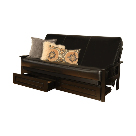 Somette Monterey Sofa in Black Finish with Storage Drawers and Faux Leather Removable Mattress Cover