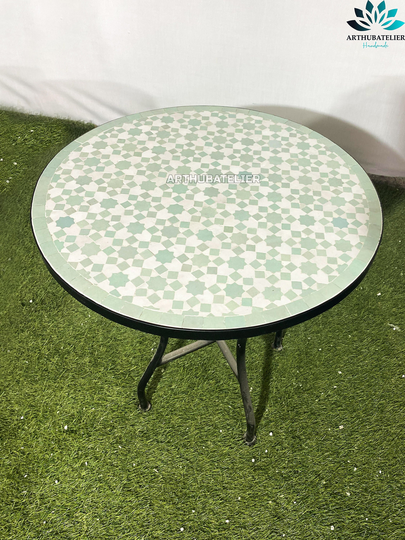 Coffee Table Round Made From Mosaic For Outdoor-Indoor 100% Handcrafted Moroccan Tiles, Mid Century Mosaic