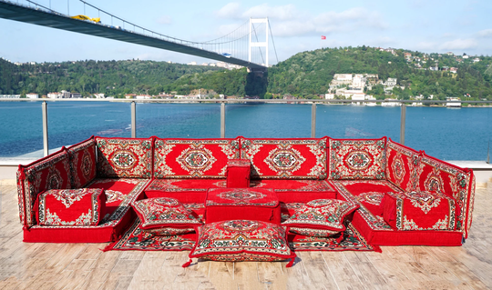 U Shaped Arabic Sofa Set, Tulip Design, Oriental Floor Couches, Sofas, Red Color Cushions, Majlis, Turkish Seating
