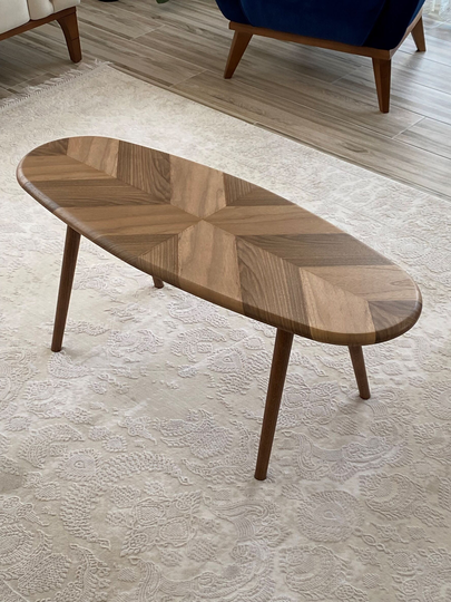 Wooden Ellipse Walnut Coffee Table, Mid Century Modern Rustic Round Center Table, Walnut