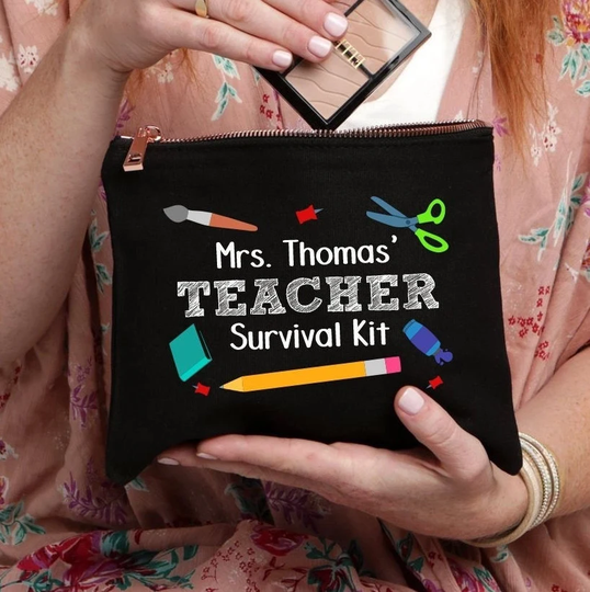 Teacher Survival Kit, Gift For Teacher, End Of Year Gift, Black Bag, Pencil Pouch, Personalized Makeup School