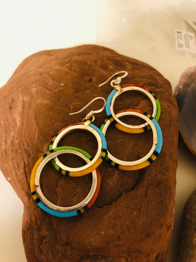 Multi Color Earring/sterling Silver Southwestern Colorful Earring /Inlay/Multi Coral Inlay Earrings