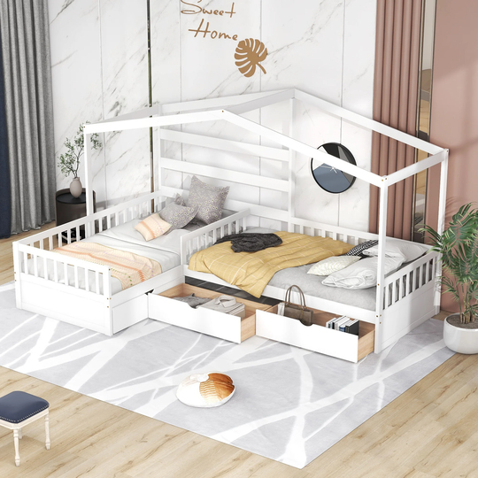 Twin Size L-Shaped 3 Drawer Storage Platform Bed Fence-Style House Bed