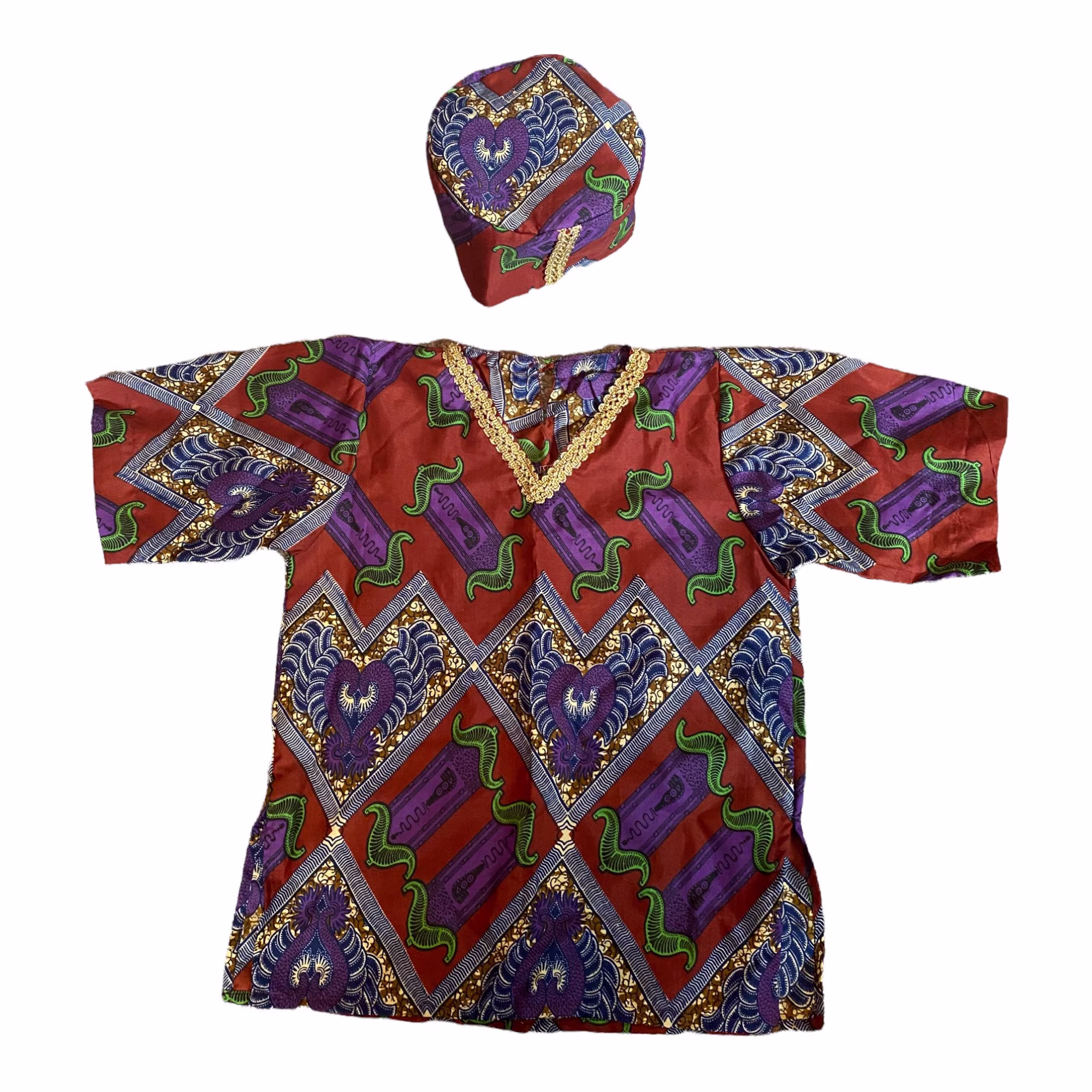 African Print Blouse Stylish - Child Size 8 With Headband Complete Set Purple