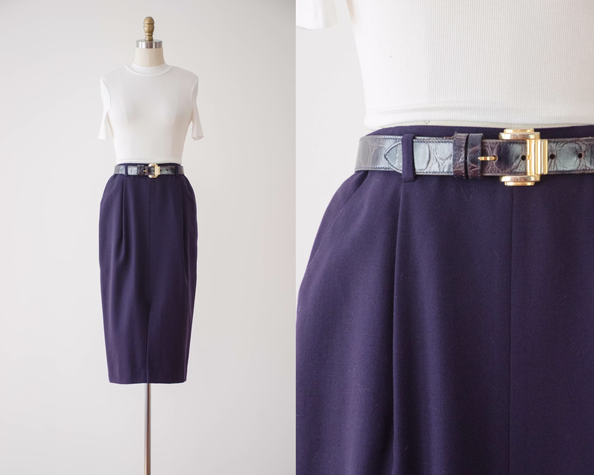 Navy Wool Skirt | 80S 90S Vintage Preppy Dark Academia Style Blue Fine Nipped Waist Pencil