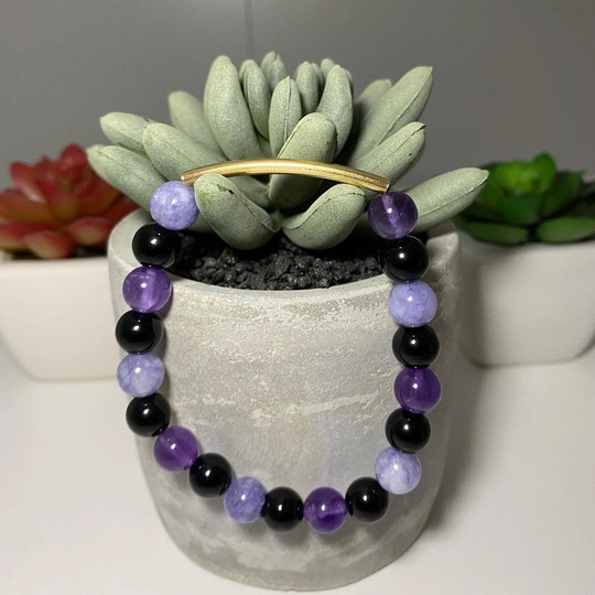 Amethyst, Tanzanite, & Black Onyx Beaded Bracelet With Gold Bar