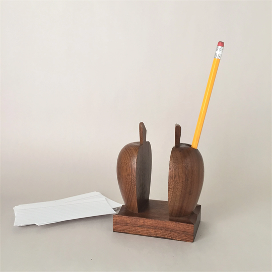 Vintage Pencil & Memo Holder | Wooden Apple Desk Organizer Modern Office Decor