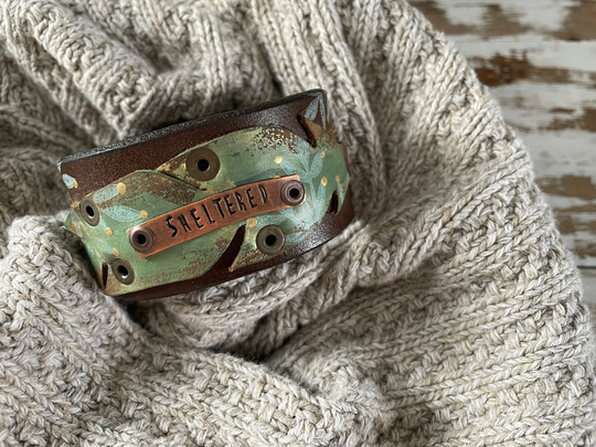 Leather Art CuffHand Painted-Sheltered-stacked Leather-Feathers7 Inch Wrist-x Large