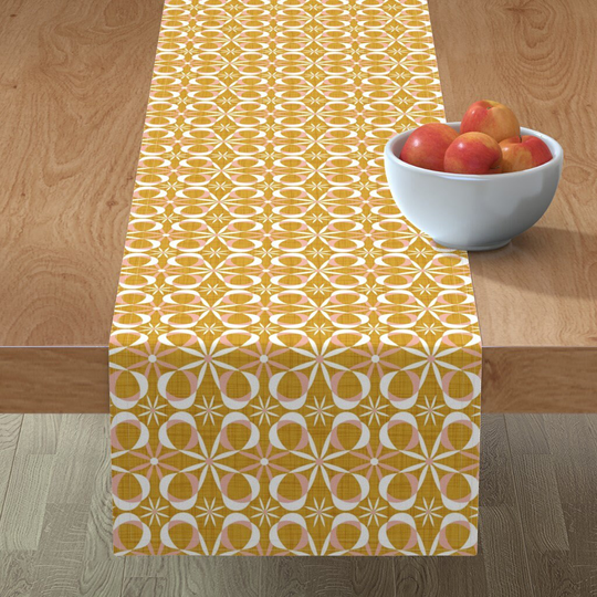 Midcentury Mustard Table Runner - Goldenrod & Blush By Heatherdutton Feminine Vintage Pink Cotton Sateen Spoonflower
