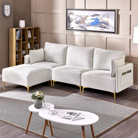 L-Shaped Polyester Modular Sectional Sofa with USB and Ottoman