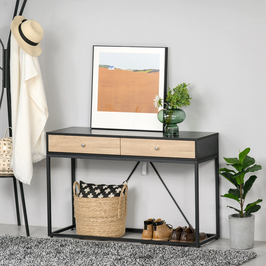 HOMCOM Console Sofa Table with 2 Drawers Narrow V Shape designed Entryway Table with Metal Frame for Hallway Living Room
