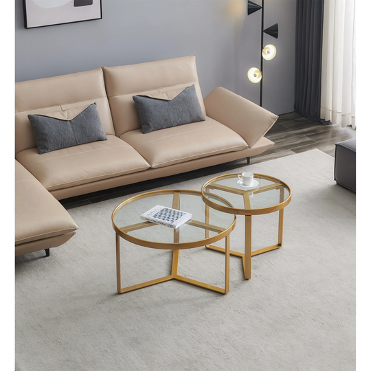 Nesting Coffee Table Gold Metal Frame with Round Tempered Glass Top