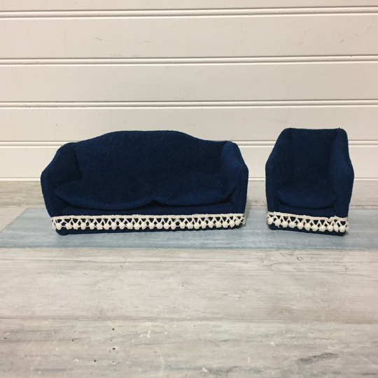 Vintage Dollhouse Sapphire Blue Sofa Couch & Chair, Miniature Furniture