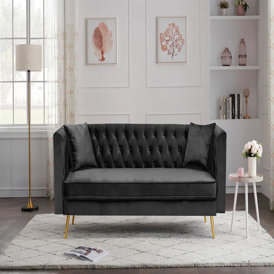 Velvet living room sofa with Golden metal leg and open armrest , sofa with button embellished backrest for Living Room