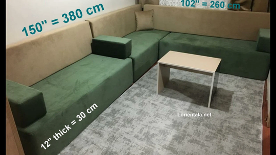 12'' Thick L Shaped Velvet Green Beige Floor Seating Sofa Seat Cushions Set Arabic Living Room Oriental Corner Home Decor Couch Sectional